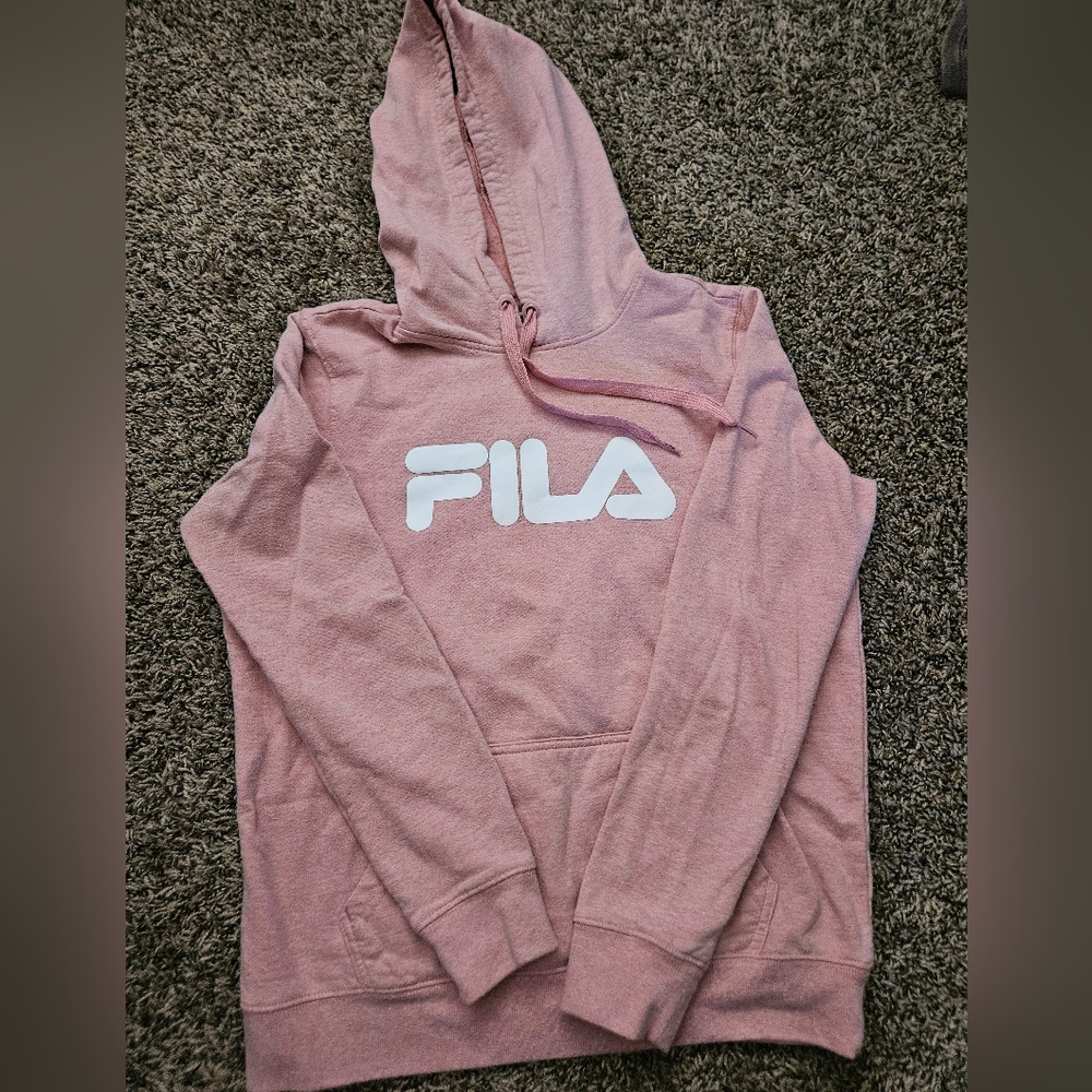 Fila White and Salmon/Pink Hooded Sweatshirt Size M
